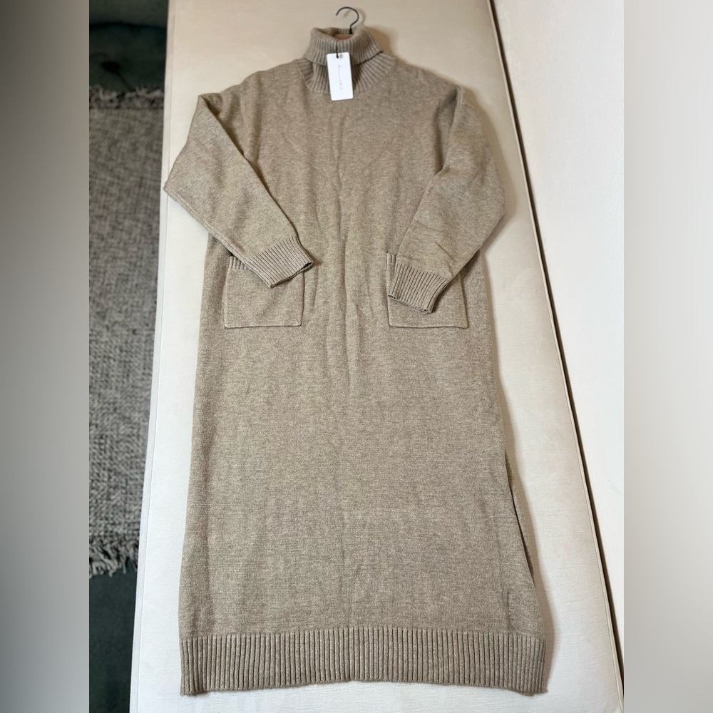 Line + Dot Turtleneck Sweater Dress Beige Knit Midi Pocket Quiet Luxury Cozy